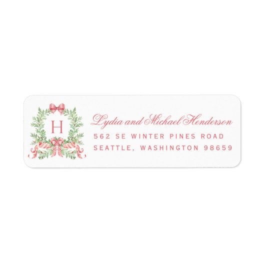 Christmas Wreath Red Script Return Address ラベル (正面)