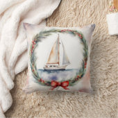 Christmas Wreath Sailboat Watercolor クッション (ブランケット)
