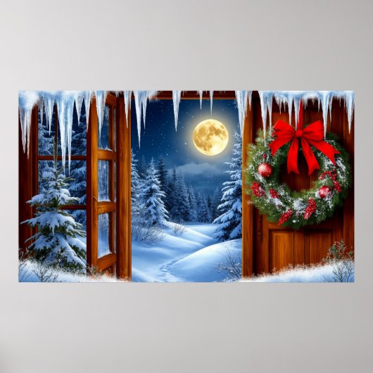 Christmas Wreath 🎄 Snowy Moonlit Forest ✨ Cozy ポスター (正面)