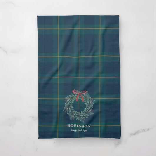 Christmas Wreath Tartan Plaid Family Name キッチンタオル