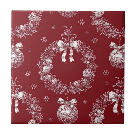 Christmas Wreath Toile on Deep Red タイル (正面)