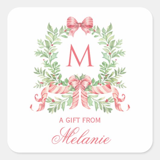 Christmas Wreath w/ Bow | Monogram スクエアシール (正面)