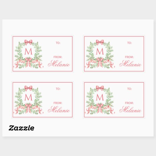 Christmas Wreath w/ Bow | Monogram 長方形シール (シート)