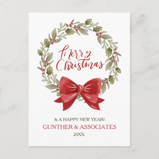 Christmas Wreath with Red Bow Corporate Greeting  シーズンポストカード (正面)