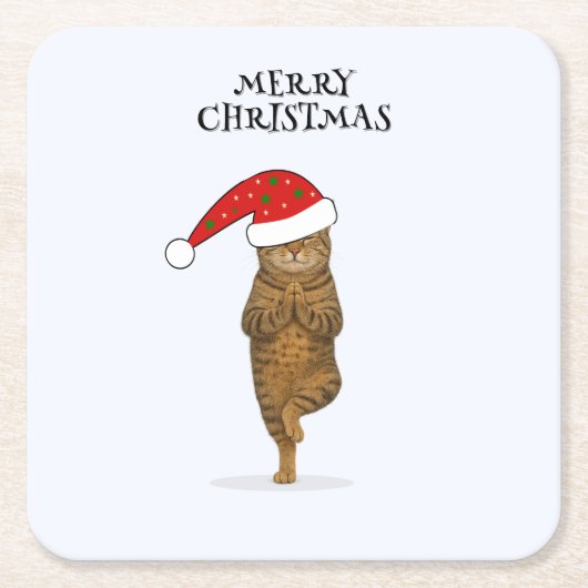 Christmas yoga cat your text スクエアペーパーコースター (正面)