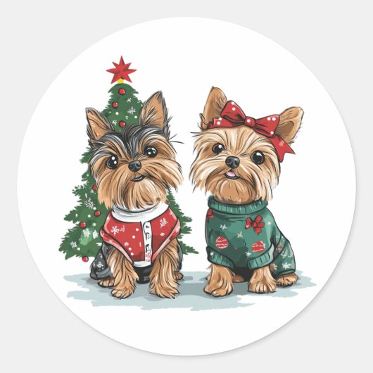 Christmas Yorkie Dogs ラウンドシール (正面)