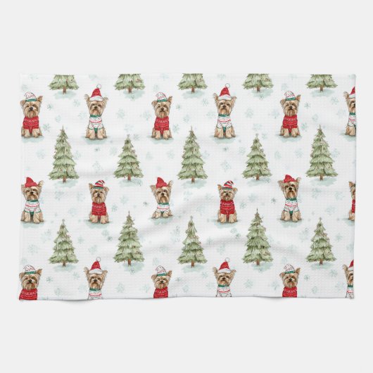 Christmas Yorkies Dog キッチンタオル (横)