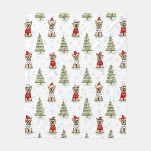 Christmas Yorkies Dog フリースブランケット (正面)