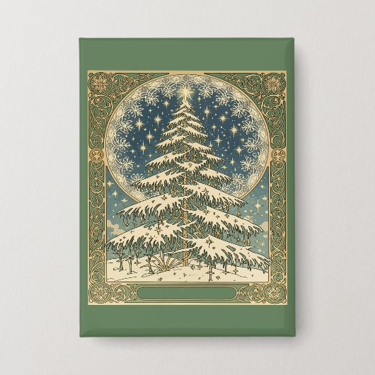 Christmas Yule Tree Snowflakes and Stars Art Nouve 缶バッジ (正面)