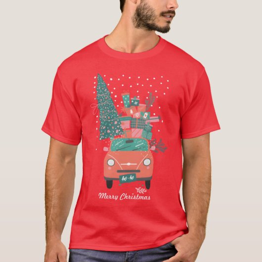 Christmasree And Gifts In A Car Ho Ho Ho Happy fri Tシャツ (正面)