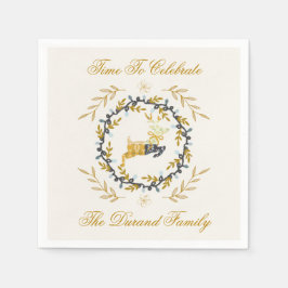 Christmastime Deer with Wreath Yellow Cream スタンダードカクテルナプキン