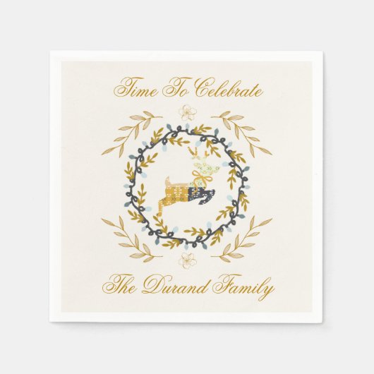 Christmastime Deer with Wreath Yellow Cream スタンダードカクテルナプキン (正面)