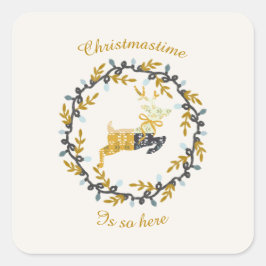 Christmastime Deer & Wreath Yellow Cream        スクエアシール