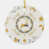Christmastime Deer Yellow Cream Floral セラミックオーナメント (正面)