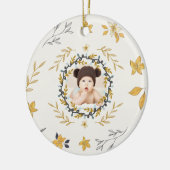 Christmastime Deer Yellow Cream Floral Photo セラミックオーナメント (左)