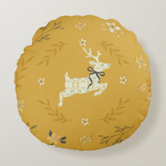 Christmastime Deer Yellow Floral ラウンドクッション
