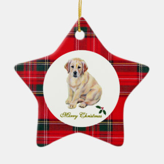 Christmsの黄色いラブラドールの子犬のタータンチェック セラミックオーナメント