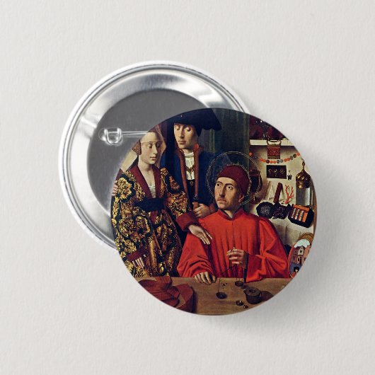 Christu著彼の金細工人の研修会のSt. Eligius、 缶バッジ (正面&裏面)