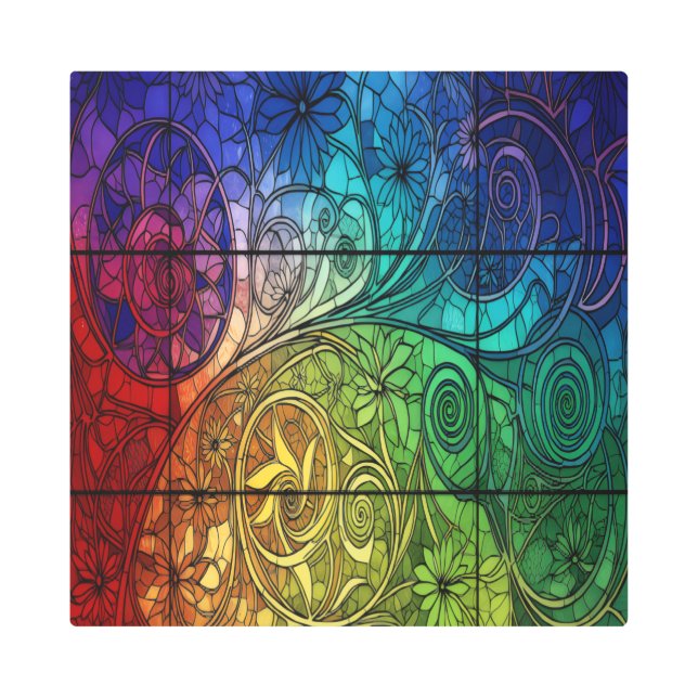 Chromatic Garden Flow — Stained Glass Metal Wall メタルプリント (正面)