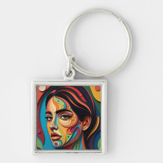 Chromatic Grace – Modern Paper-Cut Portrait キーホルダー (正面)