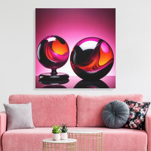 Chromatisch farbige Glaskegeln in Reflexion キャンバスプリント (インサイチュ (リビング))