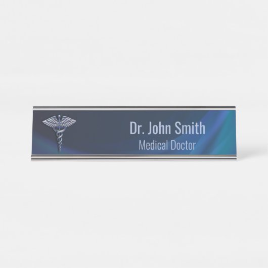 Chrome 3D医療用ダークホログラフィックカドゥセウス デスクネームプレート (正面)