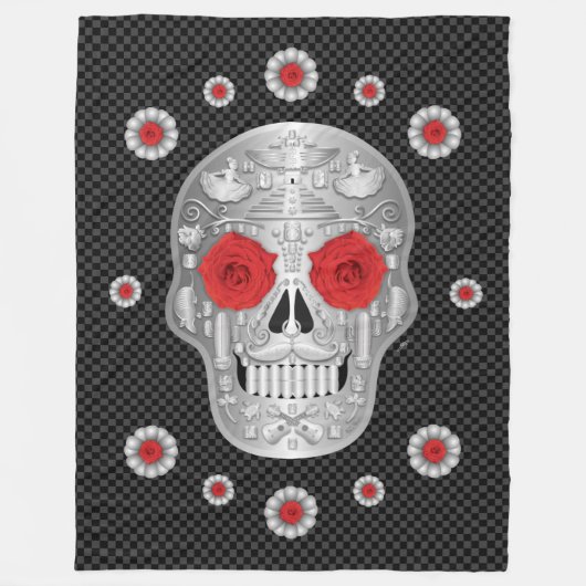 Chrome Calavera (Red Rose)   フリースブランケット (正面)