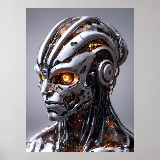 Chrome Cyborg Orange Glow Sci-Fi AI Portrait ポスター (正面)