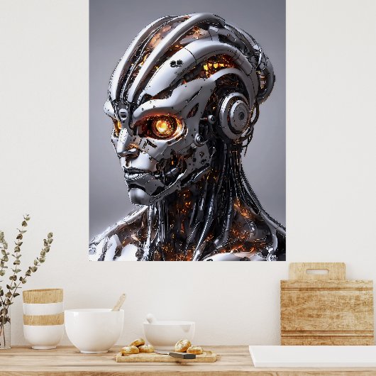Chrome Cyborg Orange Glow Sci-Fi AI Portrait ポスター (キッチン)