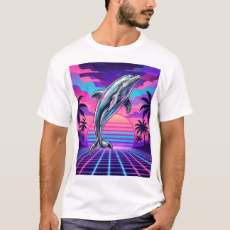 Chrome Vaporwave Dolphin — Retro Sunset Grid Palm Tシャツ