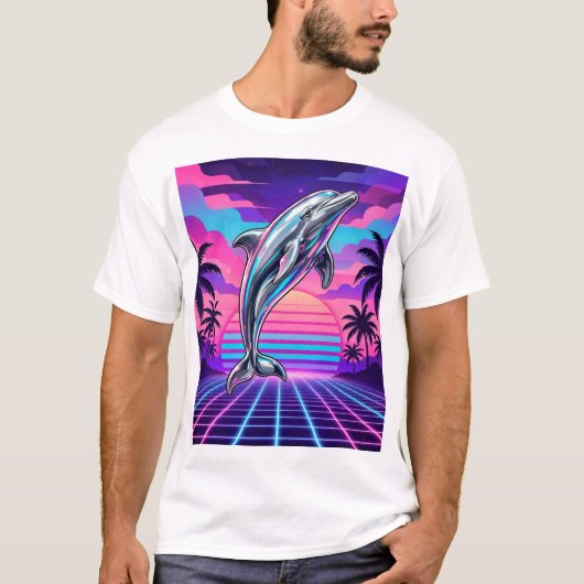 Chrome Vaporwave Dolphin — Retro Sunset Grid Palm Tシャツ (正面)
