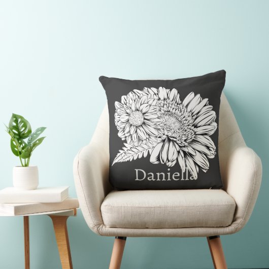 Chrysanthemum Black Line Drawing with Your Name  クッション (椅子)