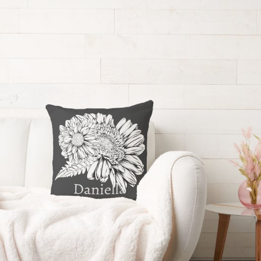 Chrysanthemum Black Line Drawing with Your Name  クッション (ソファ)