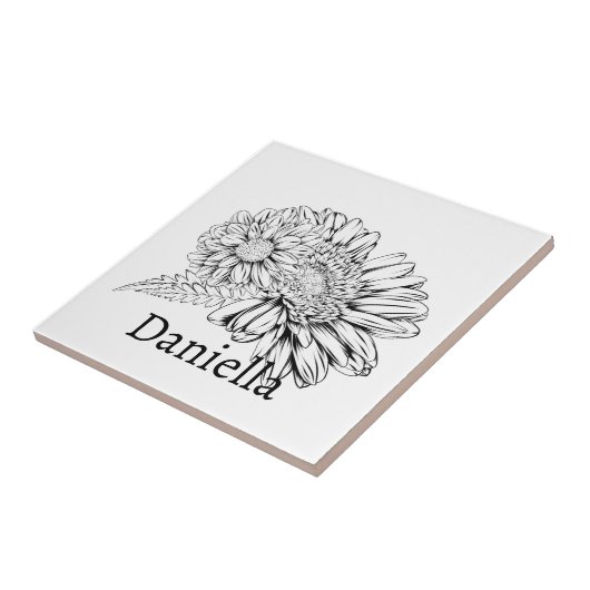 Chrysanthemum Black Line Drawing with Your Name  タイル (側面)
