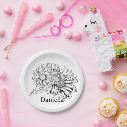 Chrysanthemum Black Line Drawing with Your Name  ペーパープレート (パーティー)