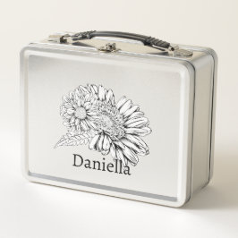 Chrysanthemum Black Line Drawing with Your Name  メタルランチボックス