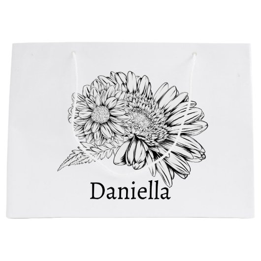 Chrysanthemum Black Line Drawing with Your Name ラージペーパーバッグ (正面)