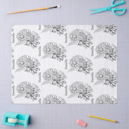 Chrysanthemum Black Line Drawing with Your Name  薄葉紙 (クラフト)