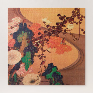 Chrysanthemums by a stream with rocks (1760) ジグソーパズル