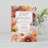 Chrysanthemums Peonies Floral 100th Birthday Party 箔招待状 (立ち正面)