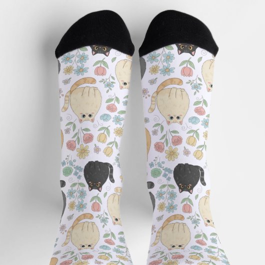 Chubby Cute Cats and Pastel Flowers Pattern Socks ソックス (上部)