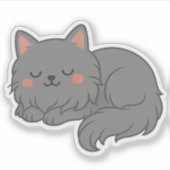 Chubby Fluffy Gray Cat – Sleepy Cartoon Cat Art シール (正面)