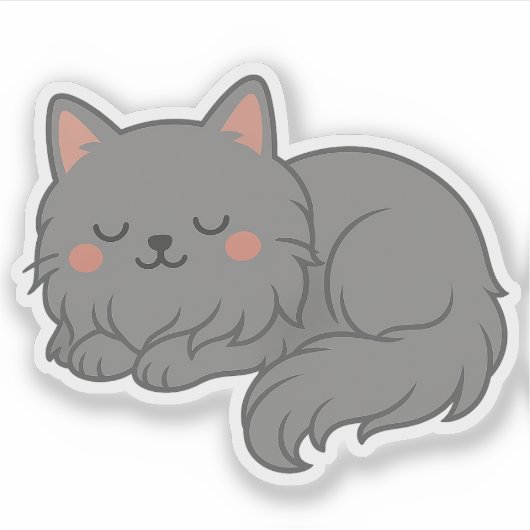 Chubby Fluffy Gray Cat – Sleepy Cartoon Cat Art シール (正面)