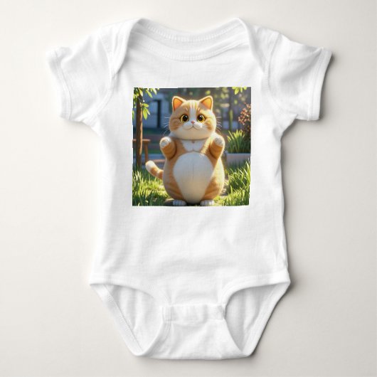 Chubby Orange Cat in Sunny Garden – Baby Bodysuit ベビーボディスーツ (正面)