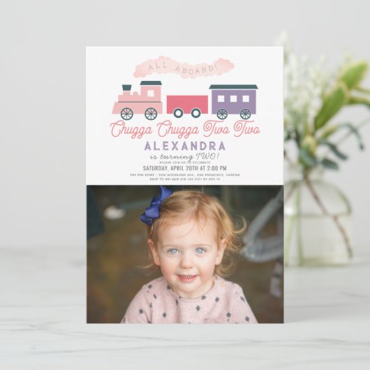 Chugga Chugga二人の列車の女の子2nd誕生日の写真 招待状 (スタンド正面)