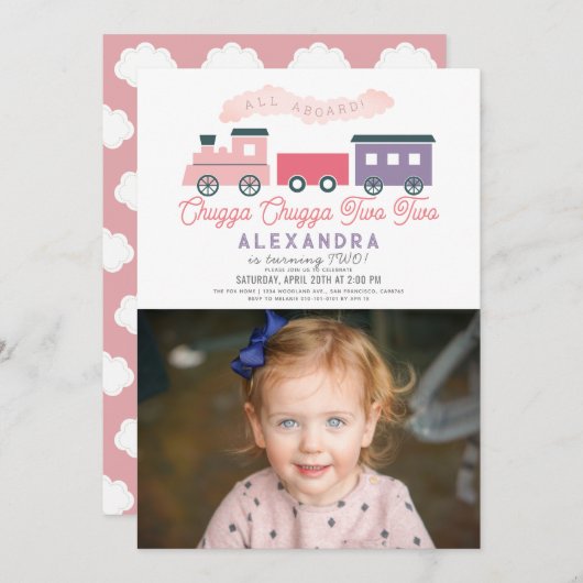 Chugga Chugga二人の列車の女の子2nd誕生日の写真 招待状 (正面/裏面)