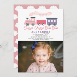 Chugga Chugga二人の列車の女の子2nd誕生日の写真 招待状