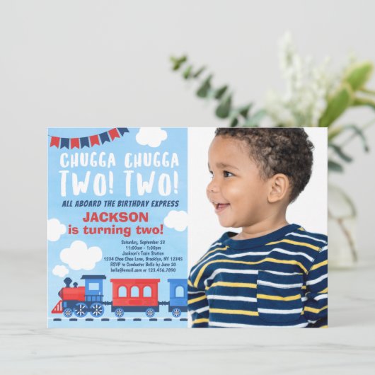 Chugga Chugga二列車2歳の誕生日の写真 招待状 (スタンド正面)