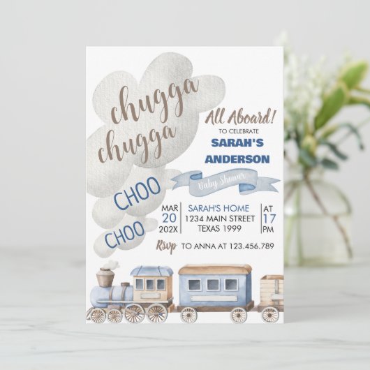 Chugga Chugga cho All Aboard Train Baby Shower 招待状 (スタンド正面)