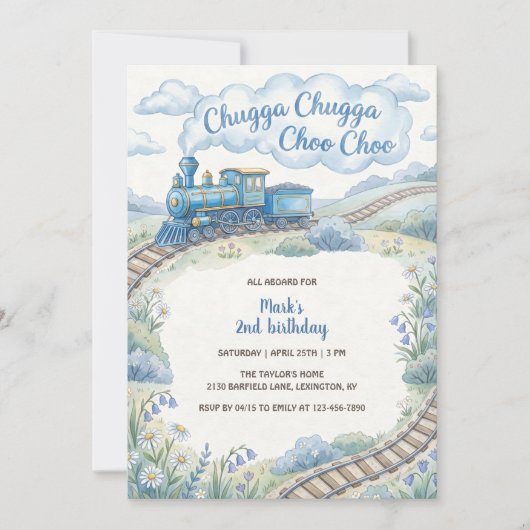 Chugga Chugga Choo Choo Blue Train Boys Birthday 招待状 (正面)
